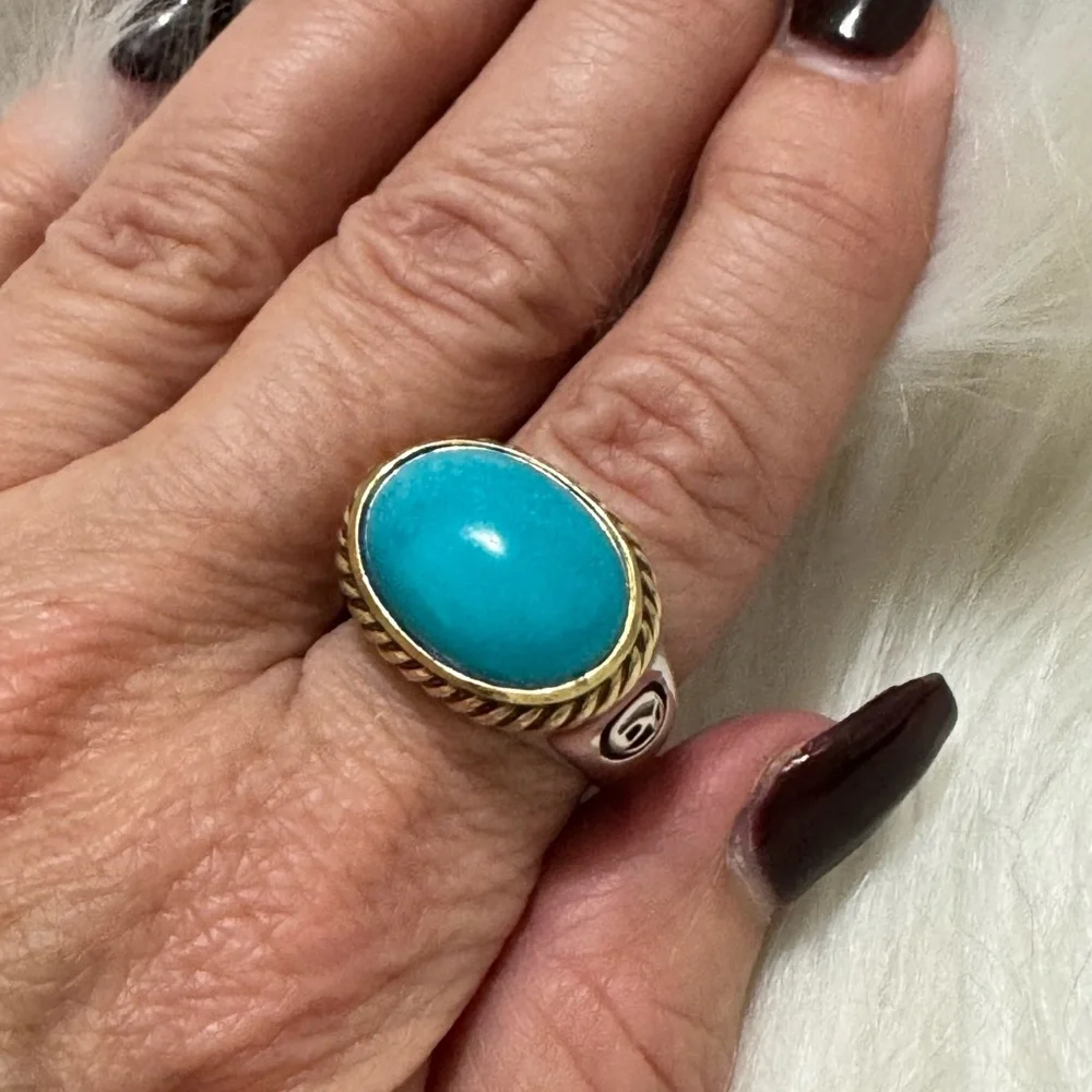 David Yurman 925 18K Gold Turquoise Oval Noblesse East West Ring Sz 8 - Picture 5 of 9